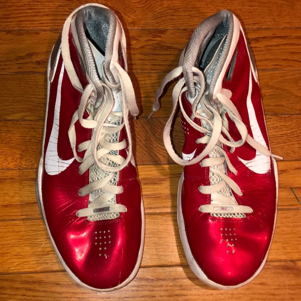 Red and White basketball high top shoes